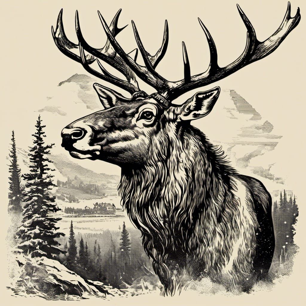 Vintage Elk Illustration in Distressed Clipart Style