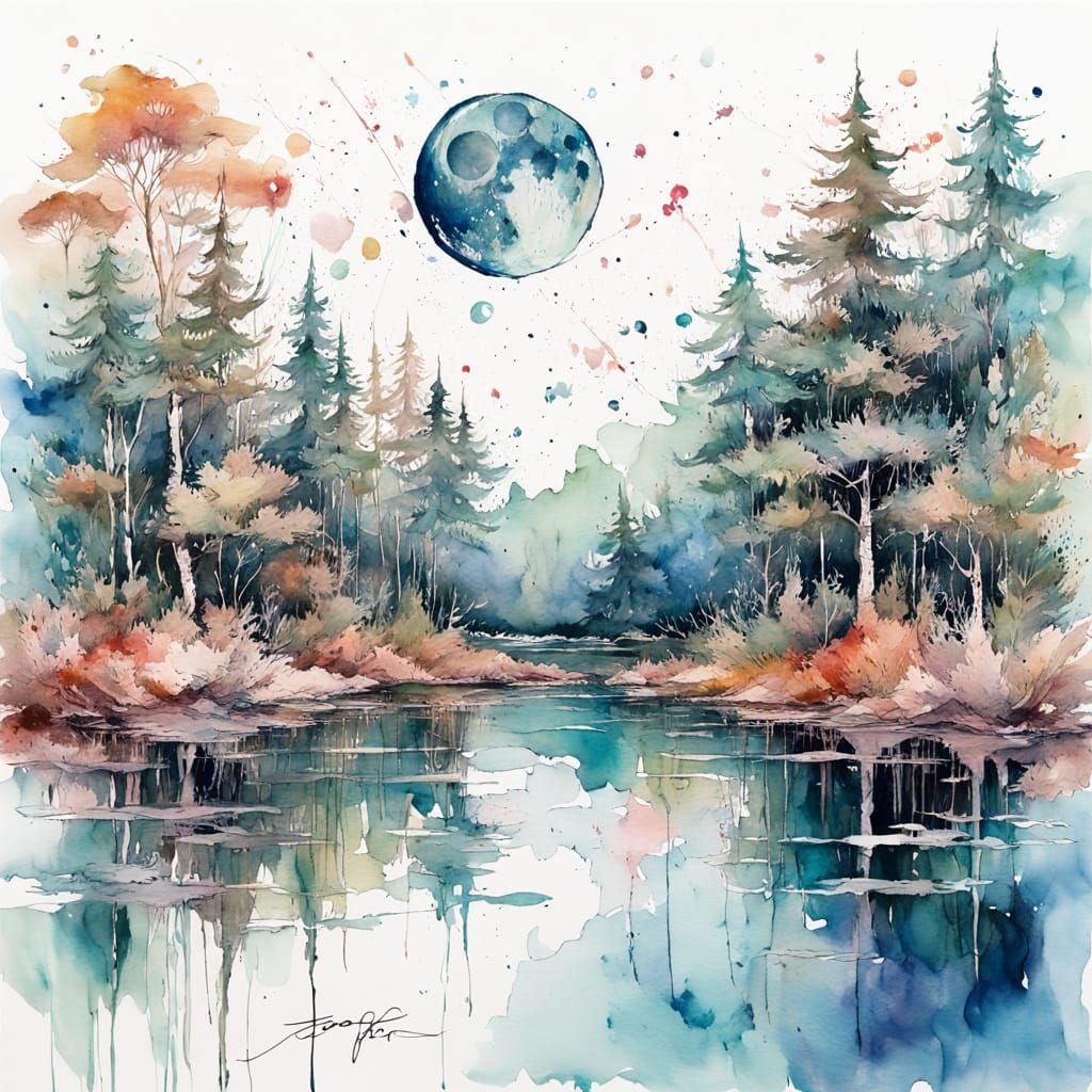 Surreal Dreamscape Forest Lake with Floating Camera and Moon