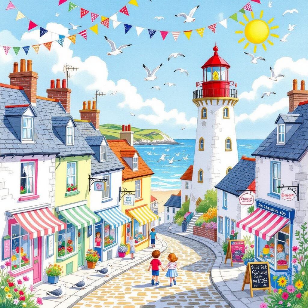 Charming Seaside Town in Colored Pencil Style