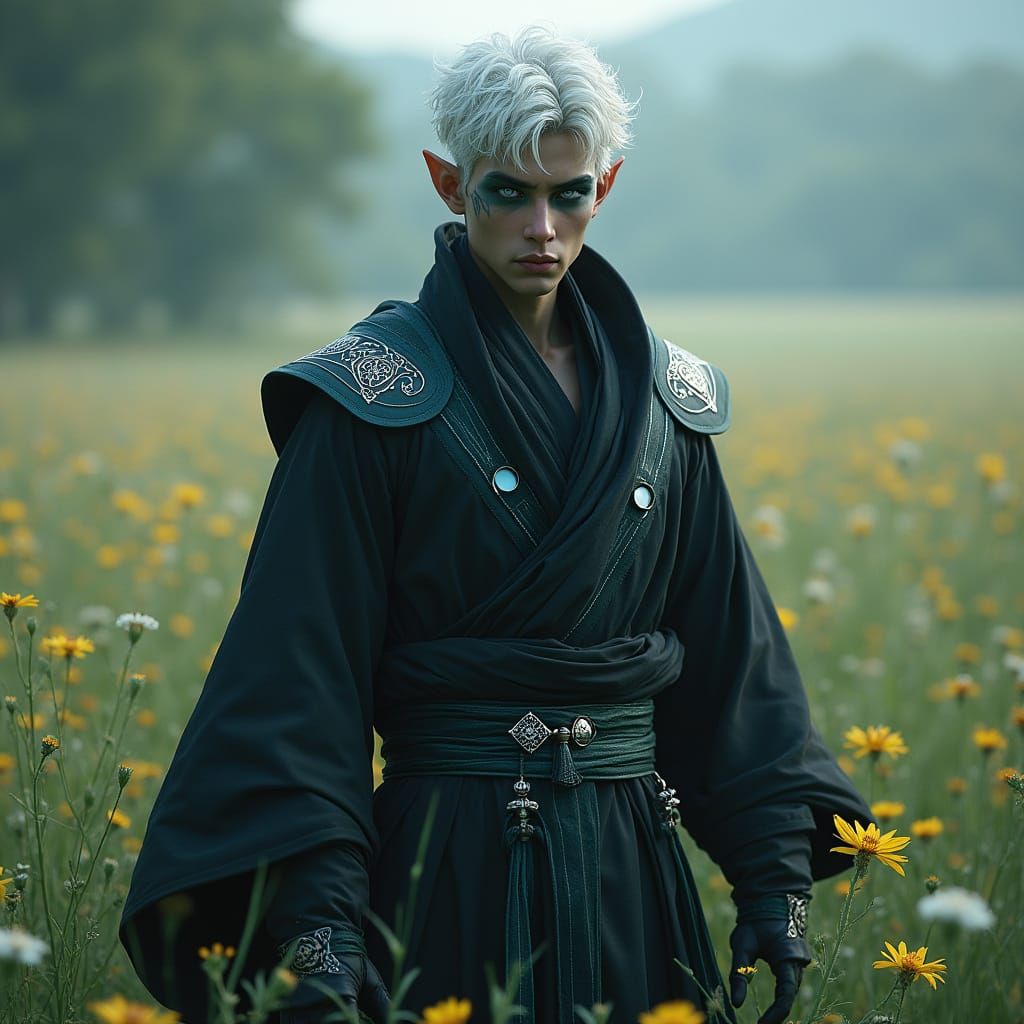 Dark Elf Ninja in Vibrant Field of Wildflowers