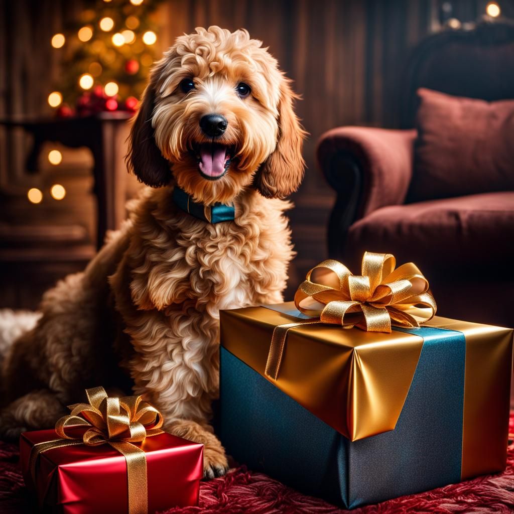 Golden Doodle Christmas Present Opening