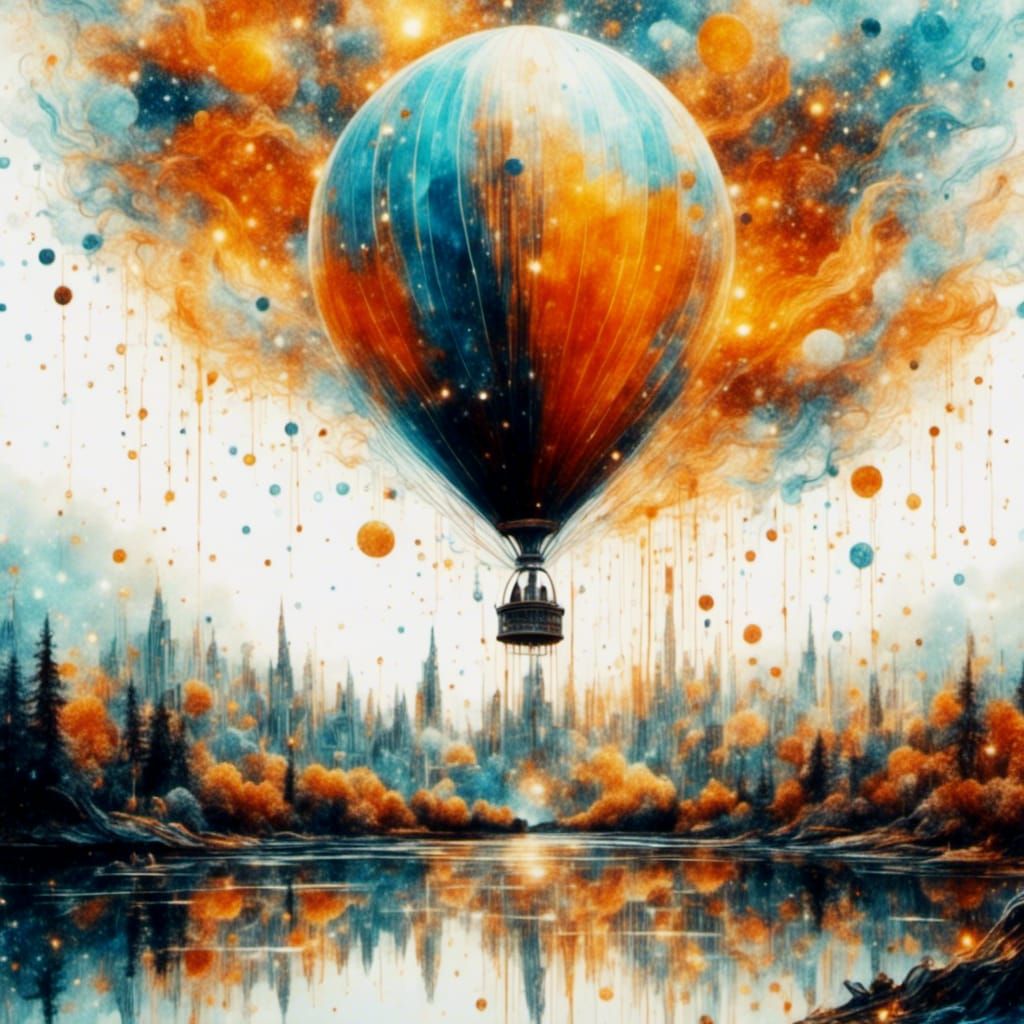 Ivory Blue Air Balloon in Linework Style