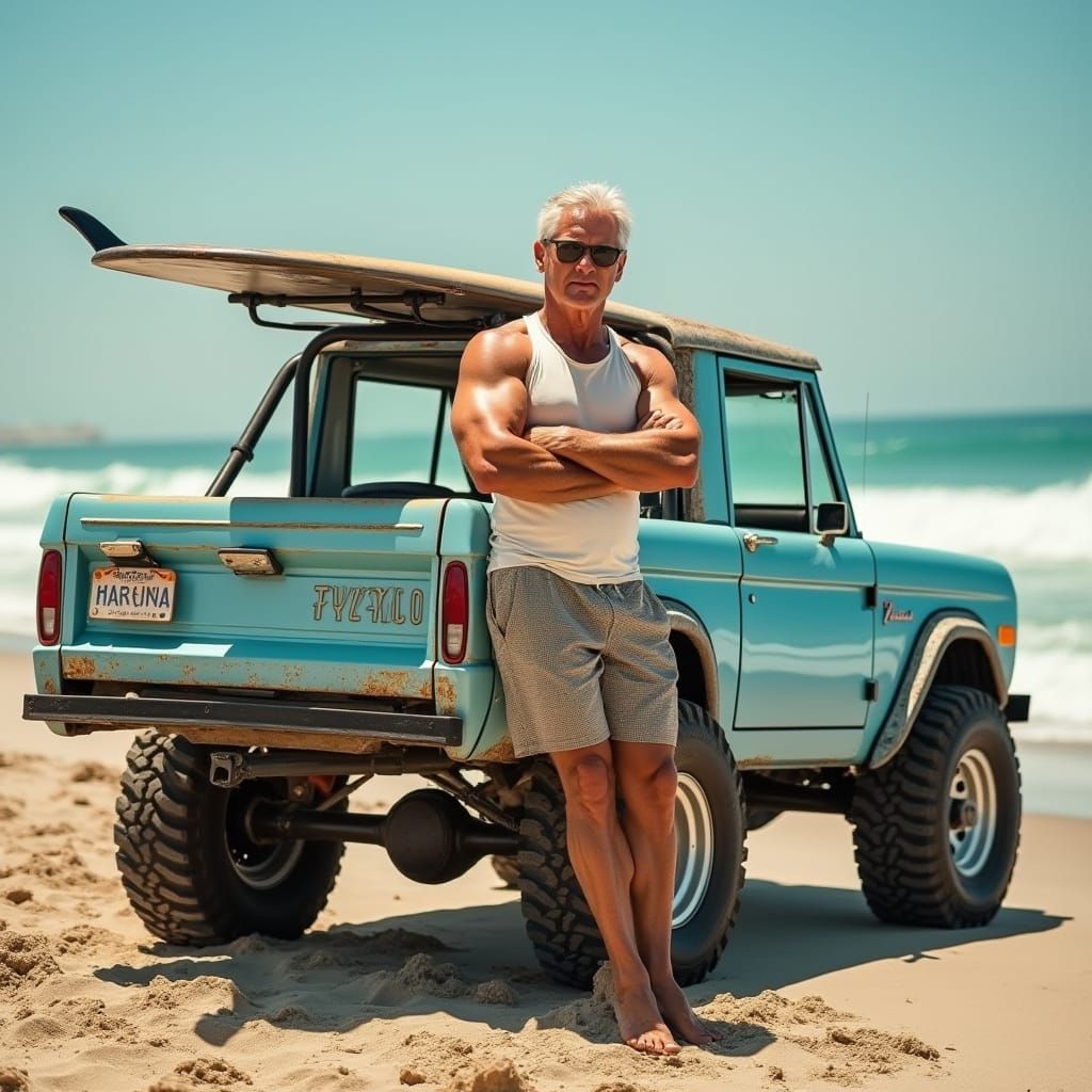 Sun-Kissed Man Leans Against Vintage Ford Bronco on Beach