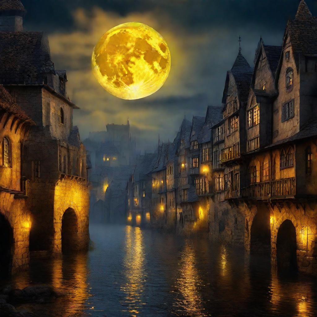 Full Moon Over Urban Fantasy City in Digital Painting