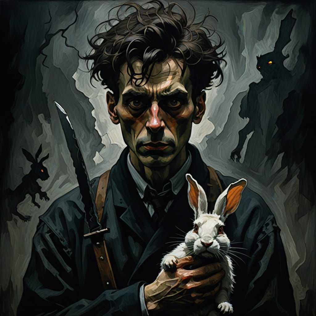 Troubled Figure with Rabbit and Knife in Expressionist Style