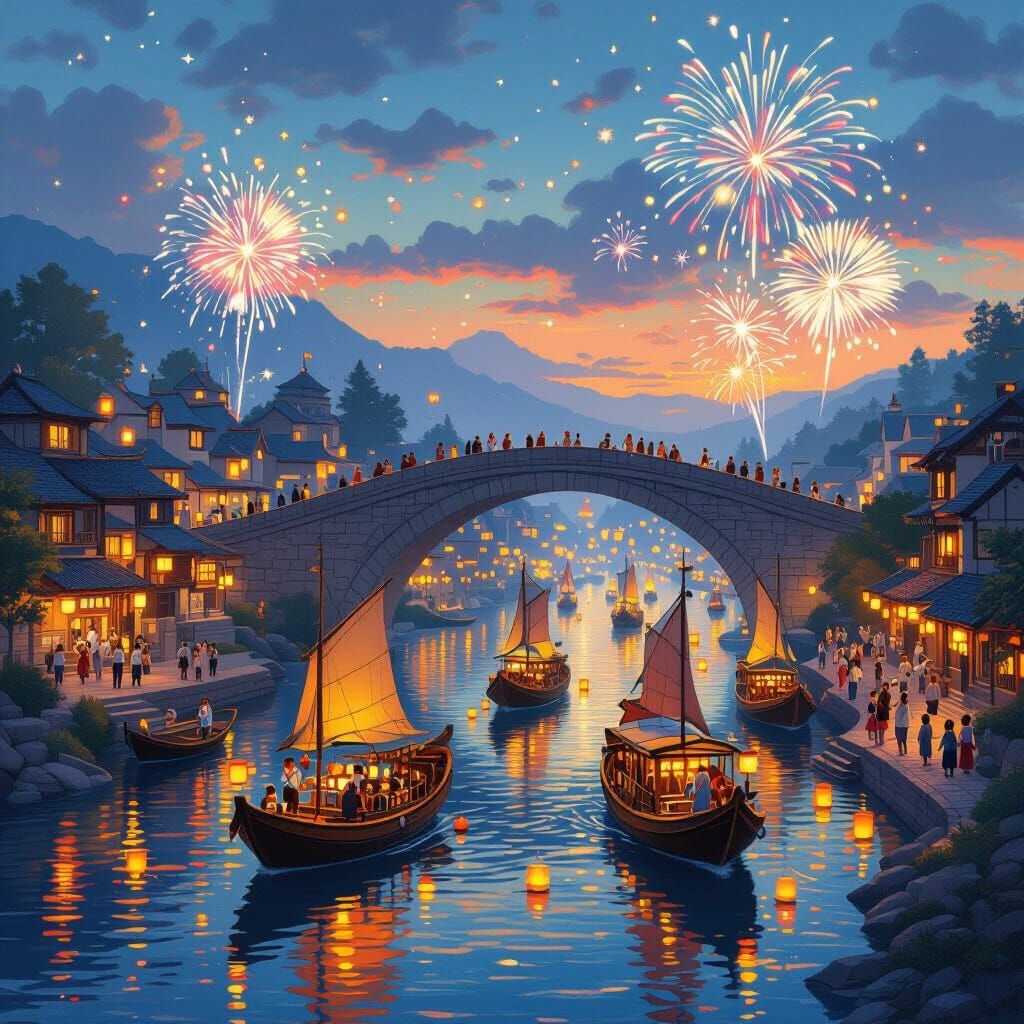 Riverside Village Festival at Dusk with Glowing Lanterns