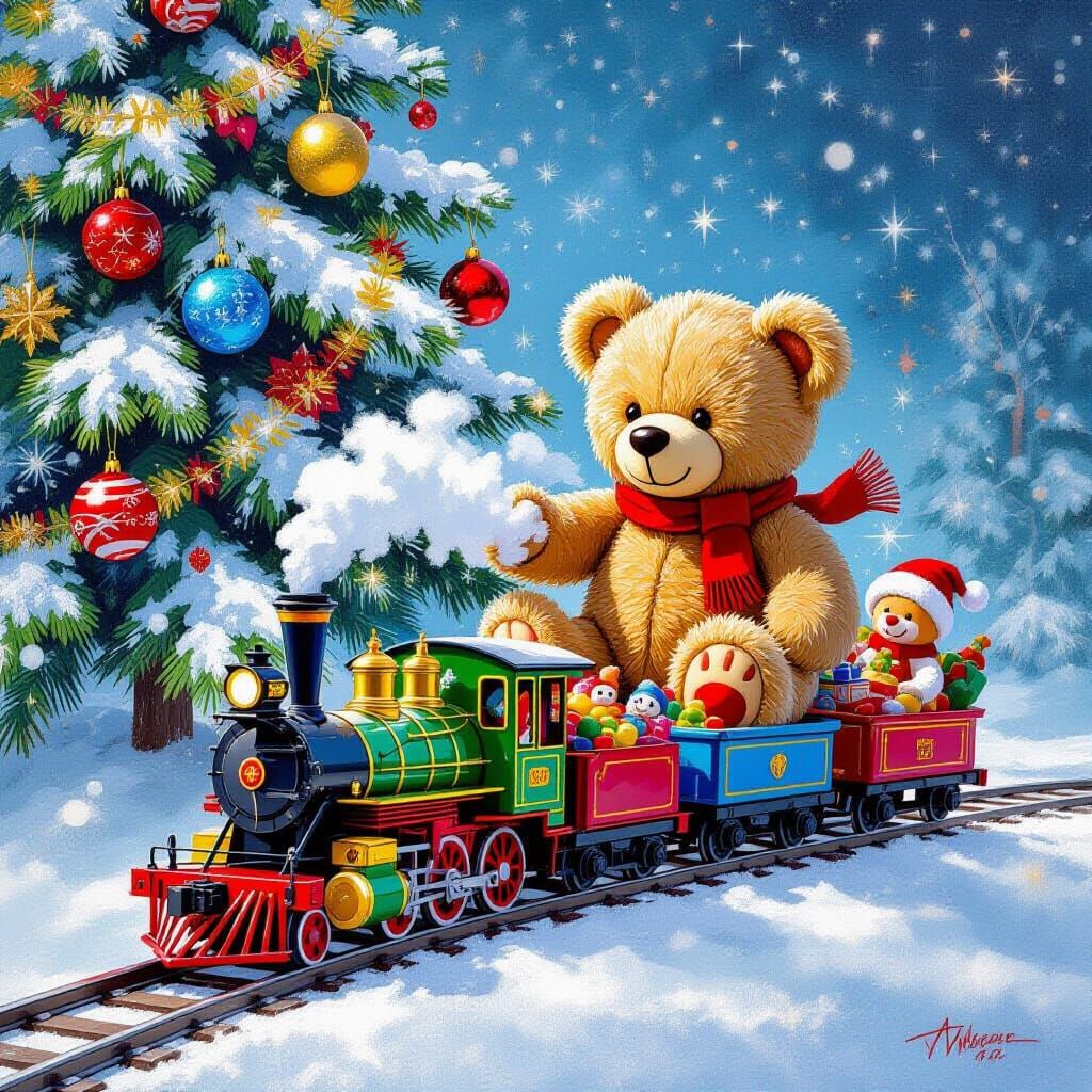 Teddy Bear Engineer Leads Festive Toy Train Under Snowy Chri...