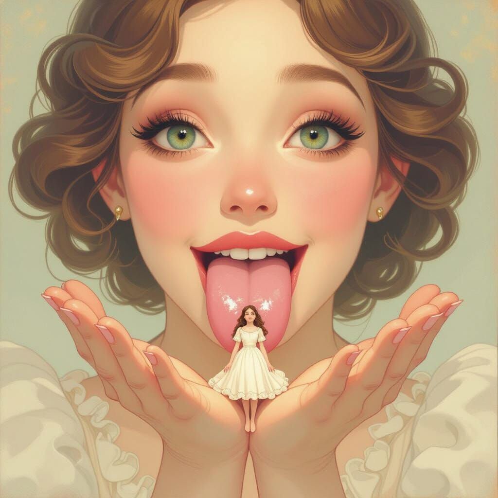 Giant Woman Gently Holds Tiny Woman on Tongue