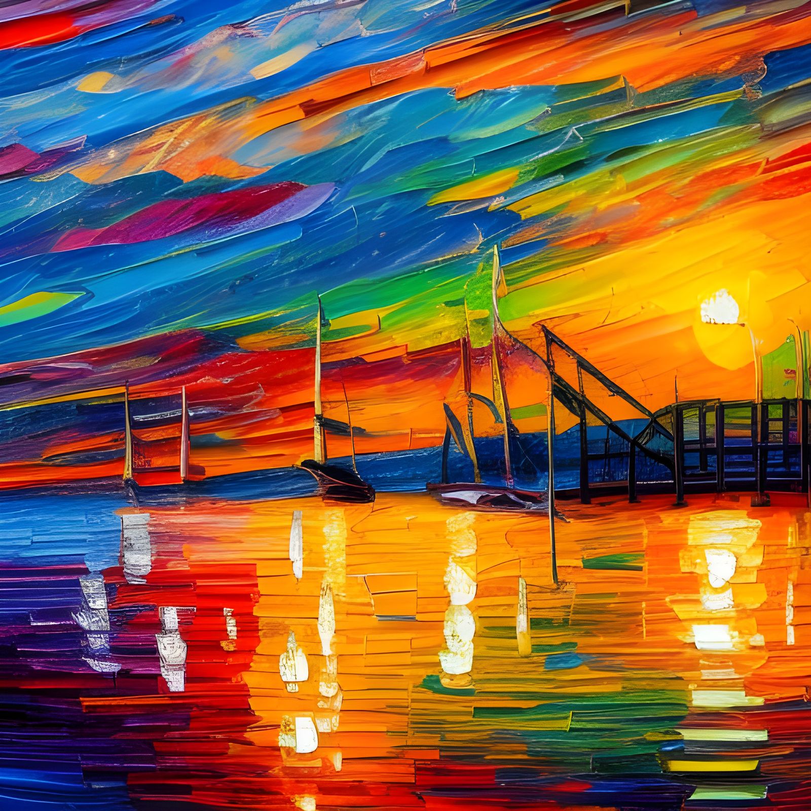 Colorful Harbor Sunset in Expressionist Oil Painting