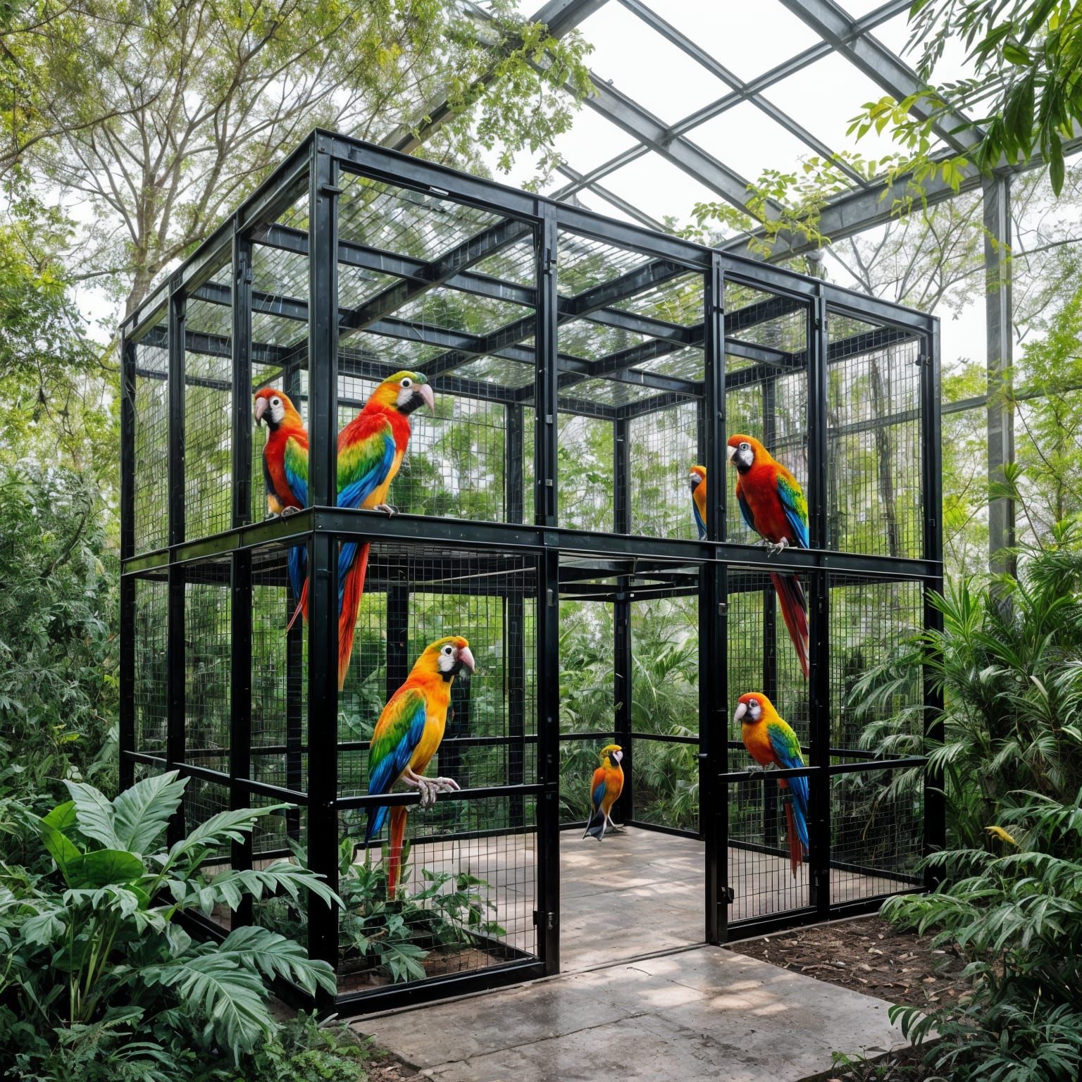 Exotic Bird Habitat: Large Outdoor Aviary with Trees
