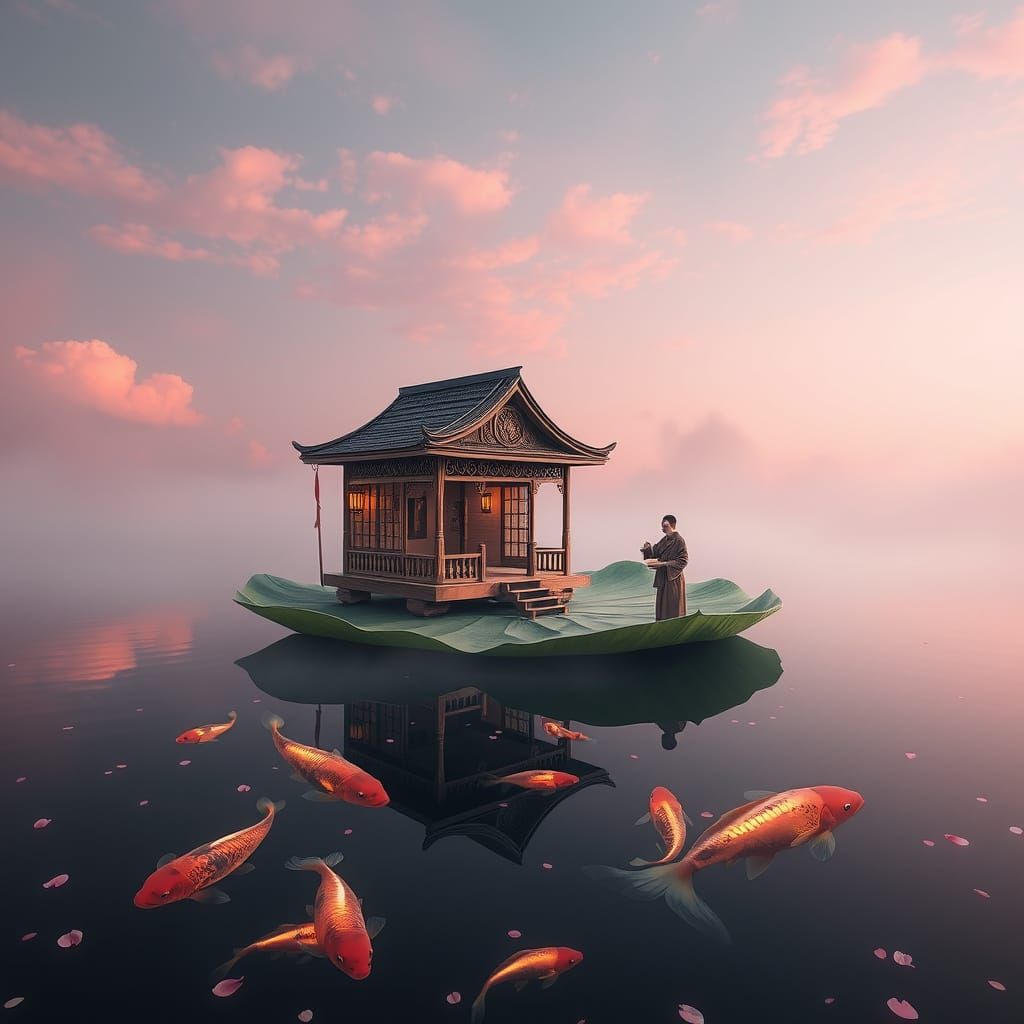 Floating Japanese Tea House at Dawn