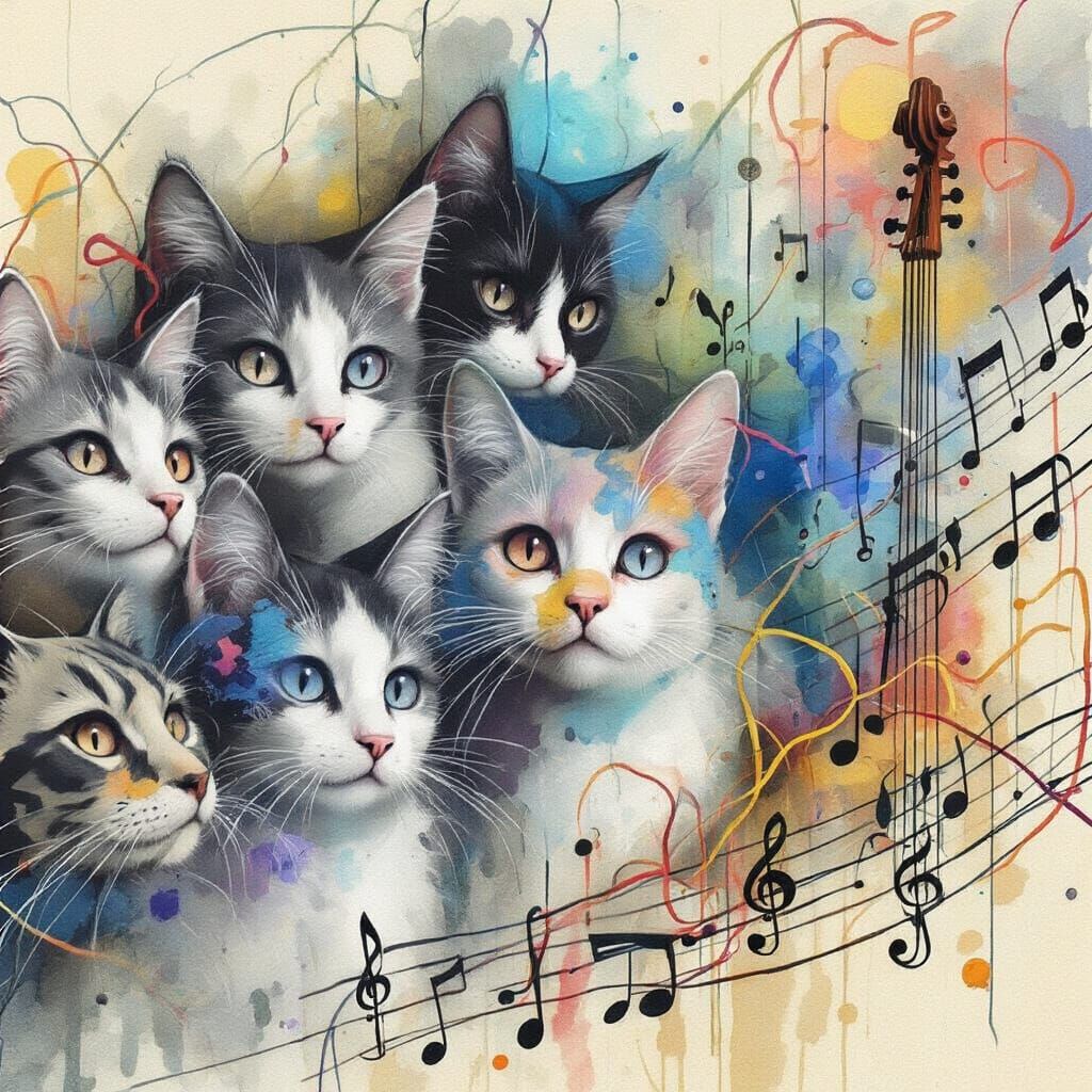 Surrealist Cats in Watercolor Painting with Musical Notes