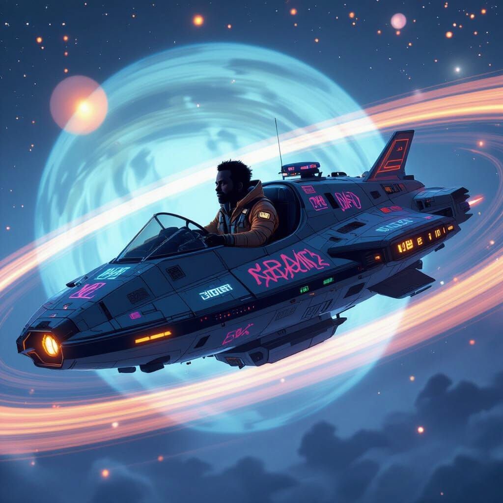 Space Hauler Drifting Through Saturn's Rings