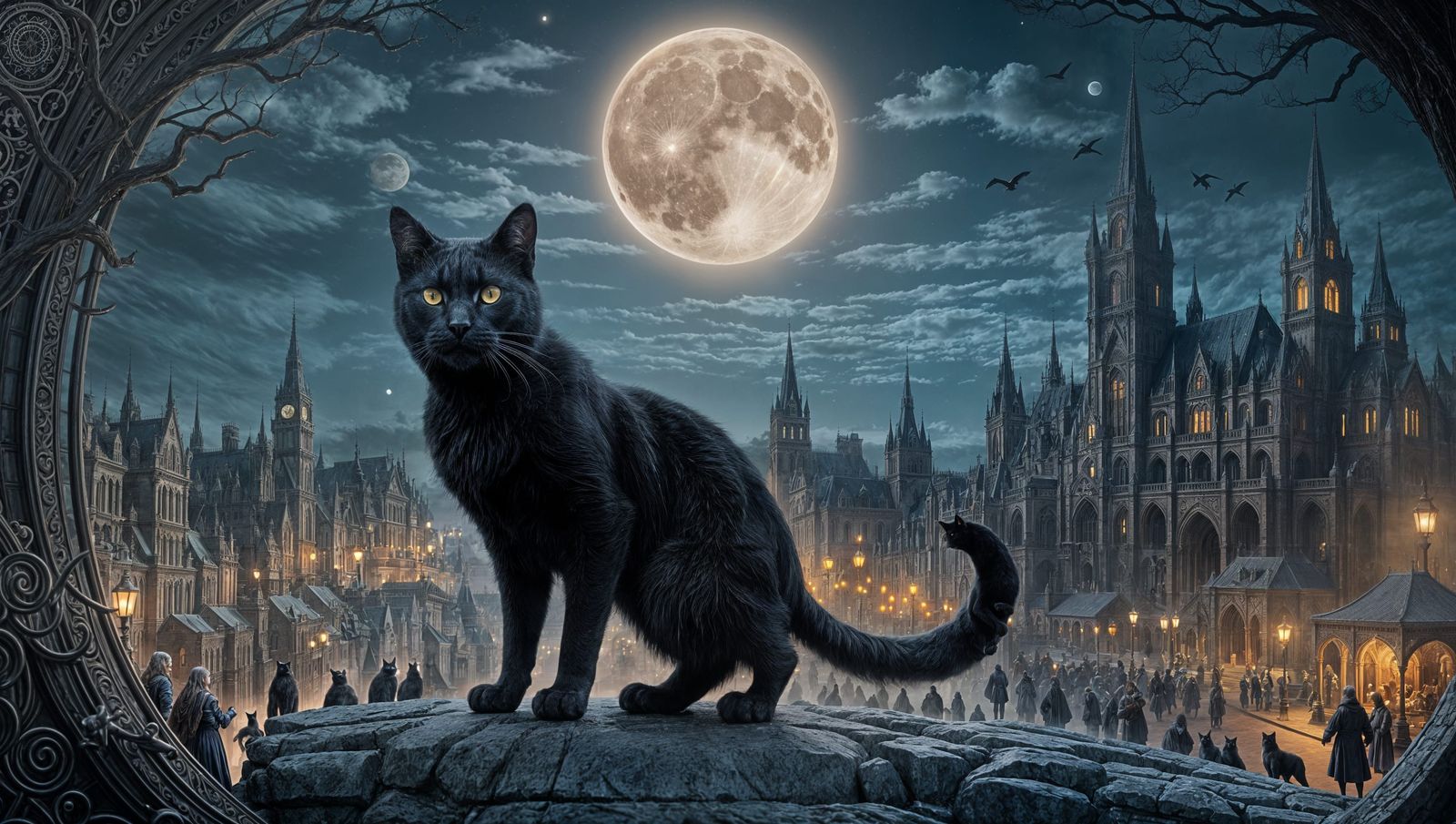 Black Cat, Full Moon, Mythical Audience in Art Nouveau Style