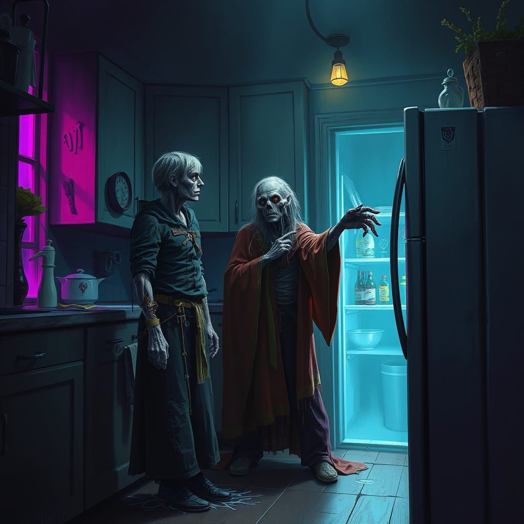 Docile Zombie Wizard Points at Fridge, Dark Fantasy Art