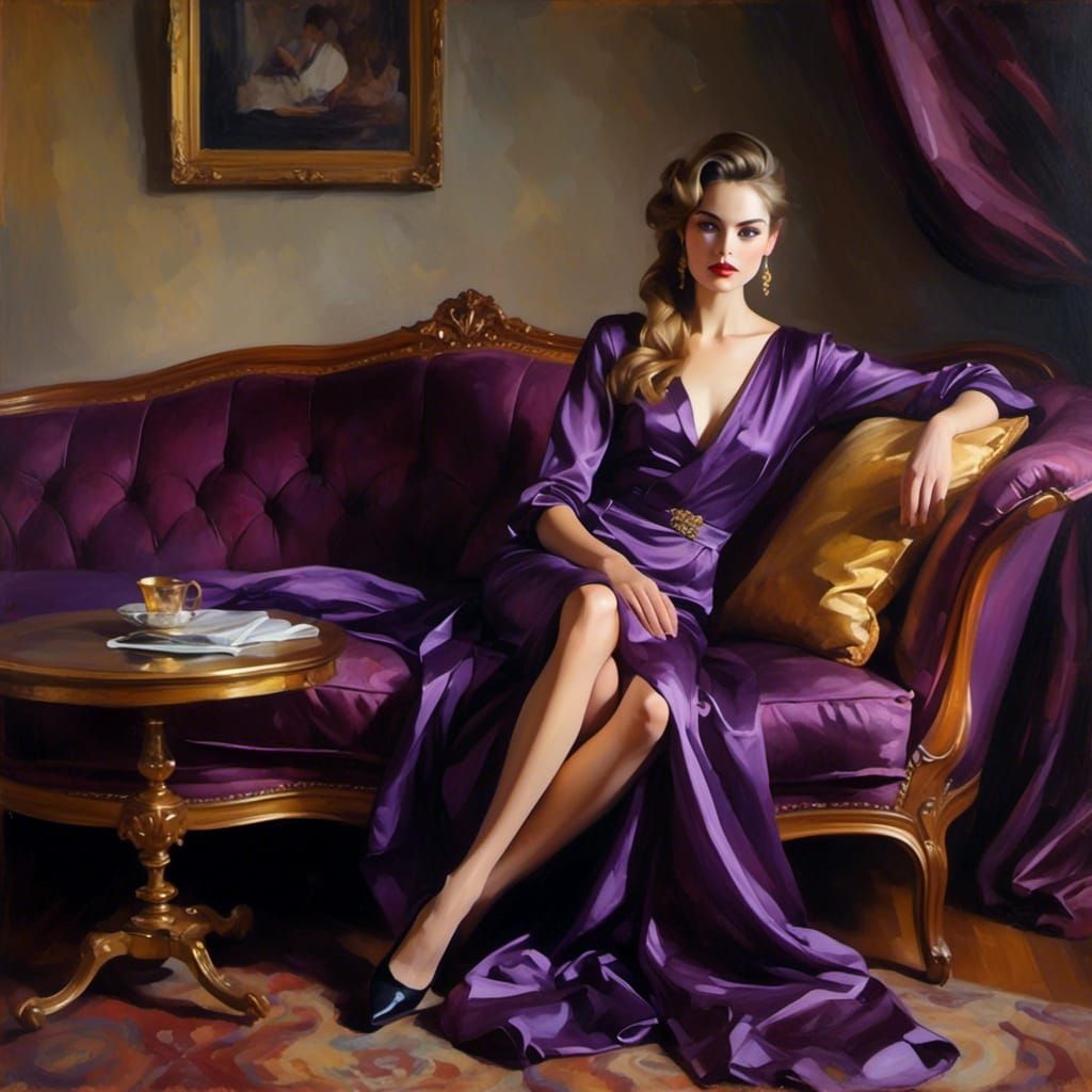 Elegant Woman Lounging in Purple Silk Dress