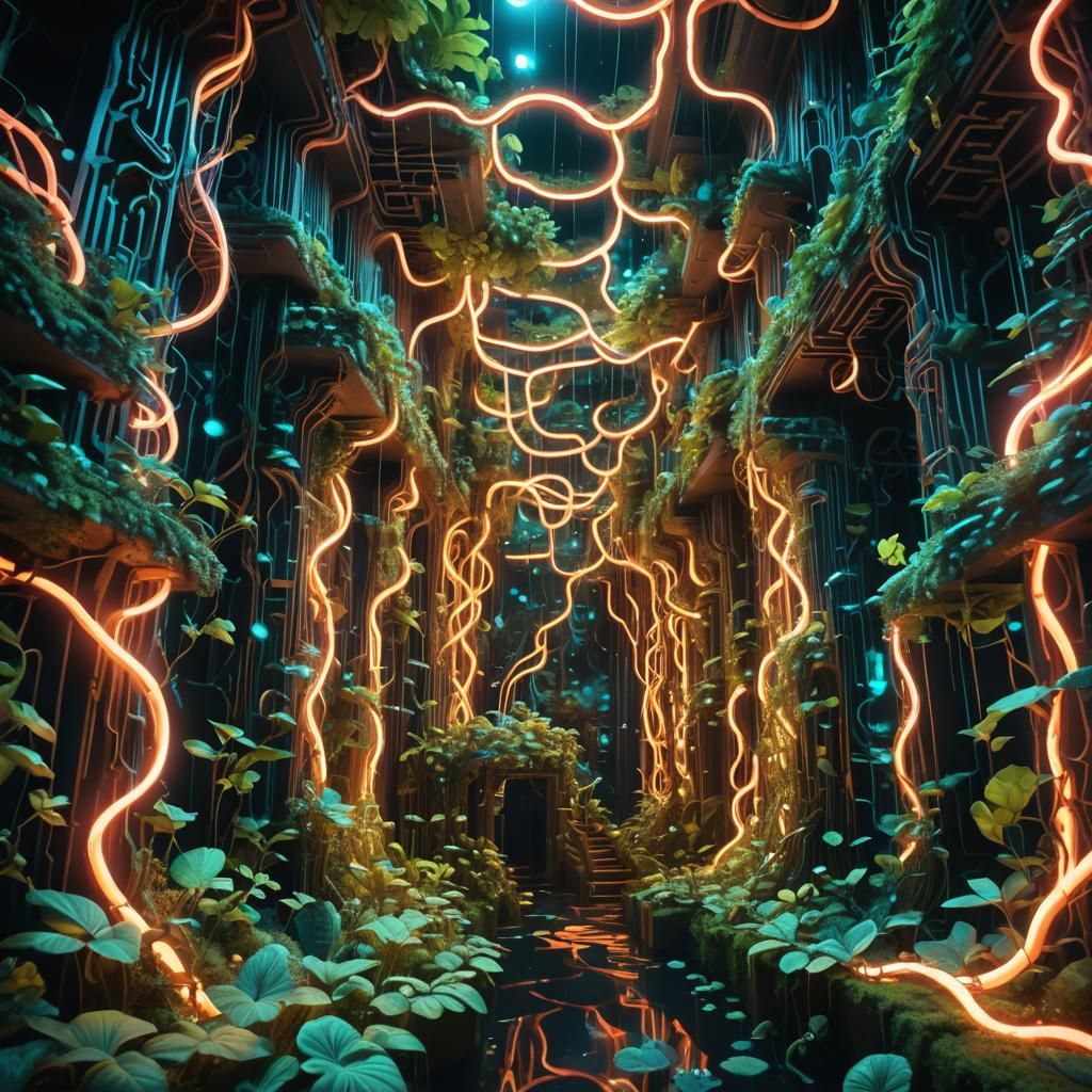 Surreal Bioluminescent Maze with Glowing Plants