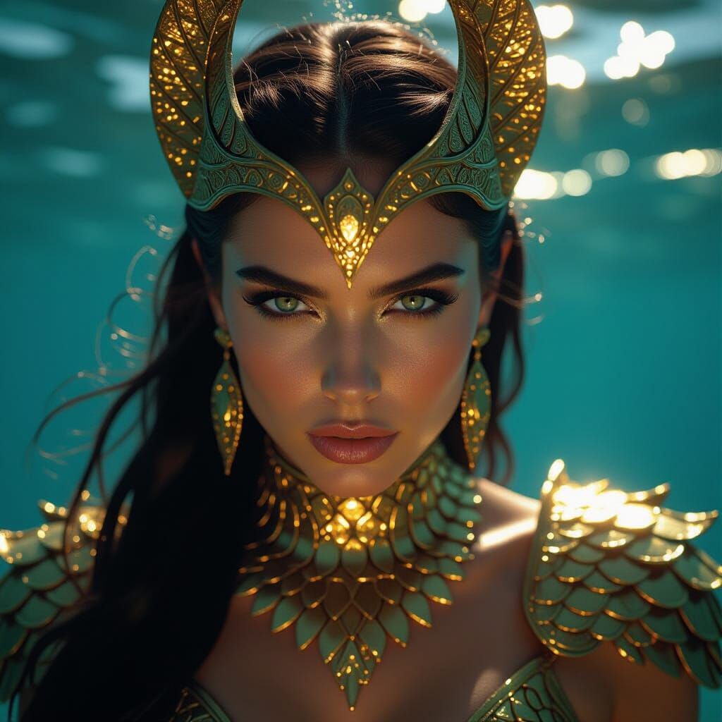 Golden Siren With Piercing Eyes in Turbulent Ocean