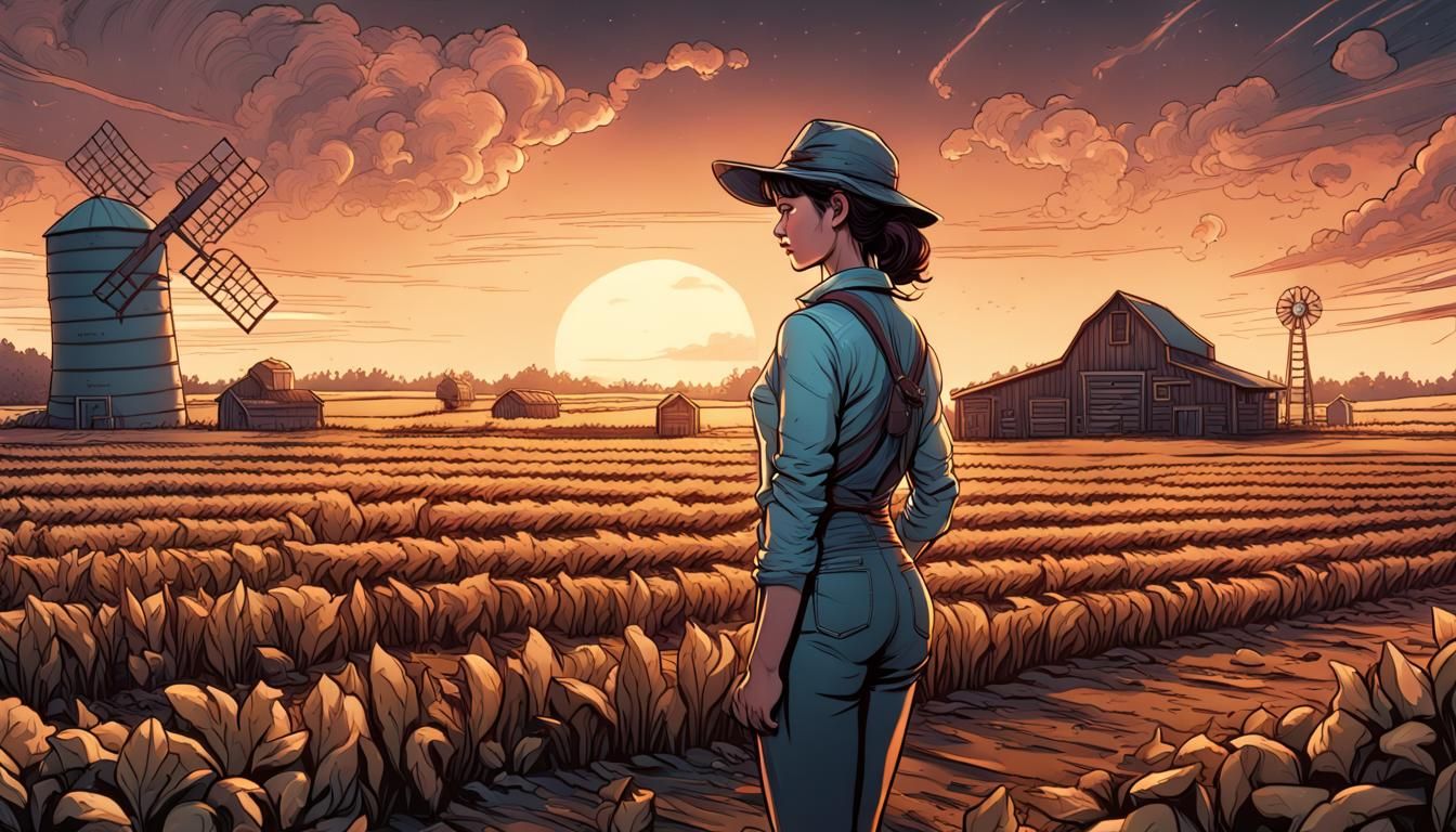 Woman Farmer Inspecting Fields: Comic Book Art