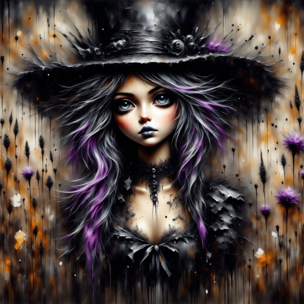 Goth Girl Portrait with Lilac Hair and Top Hat