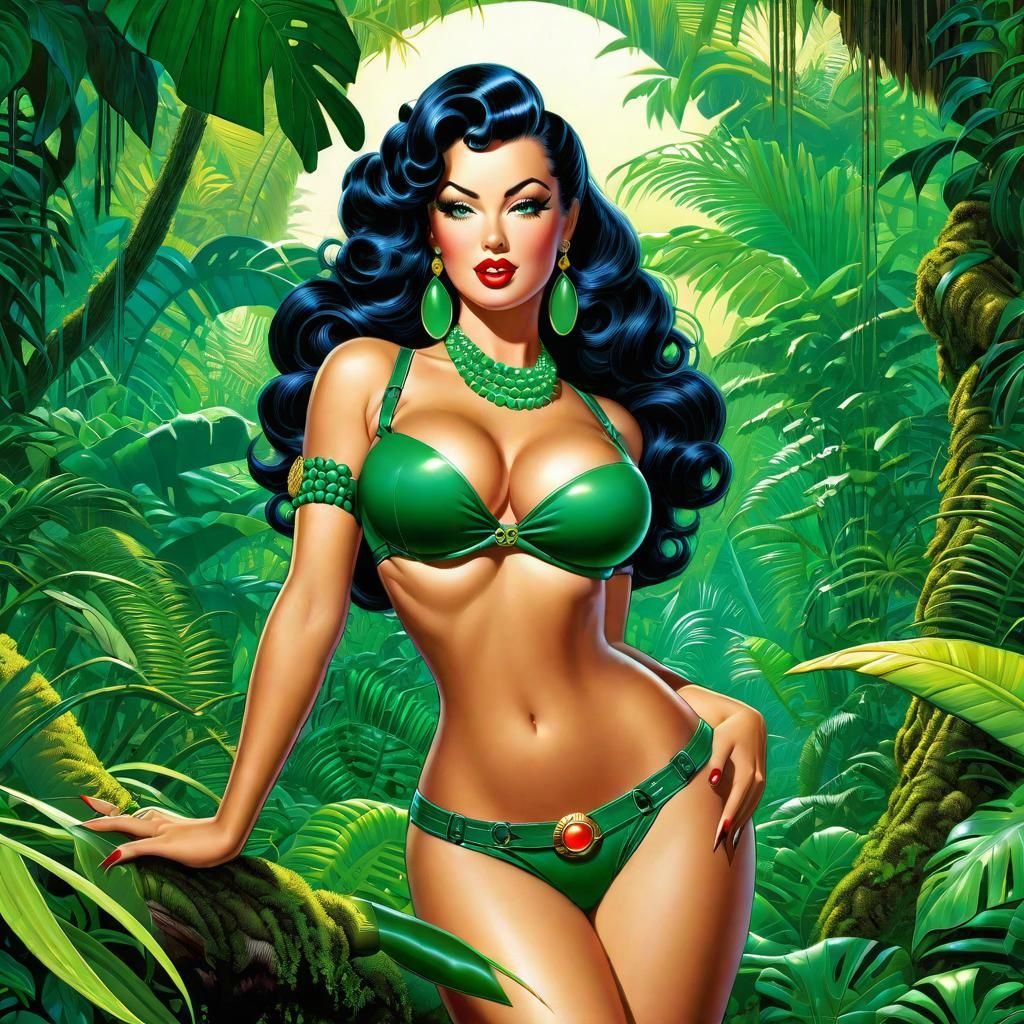 Detailed Jungle Pinup Illustration in Vintage Style