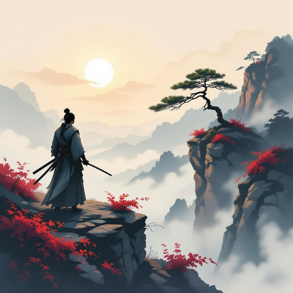 Ancient Samurai on Cliff Overlooking Misty Valley at Sunrise