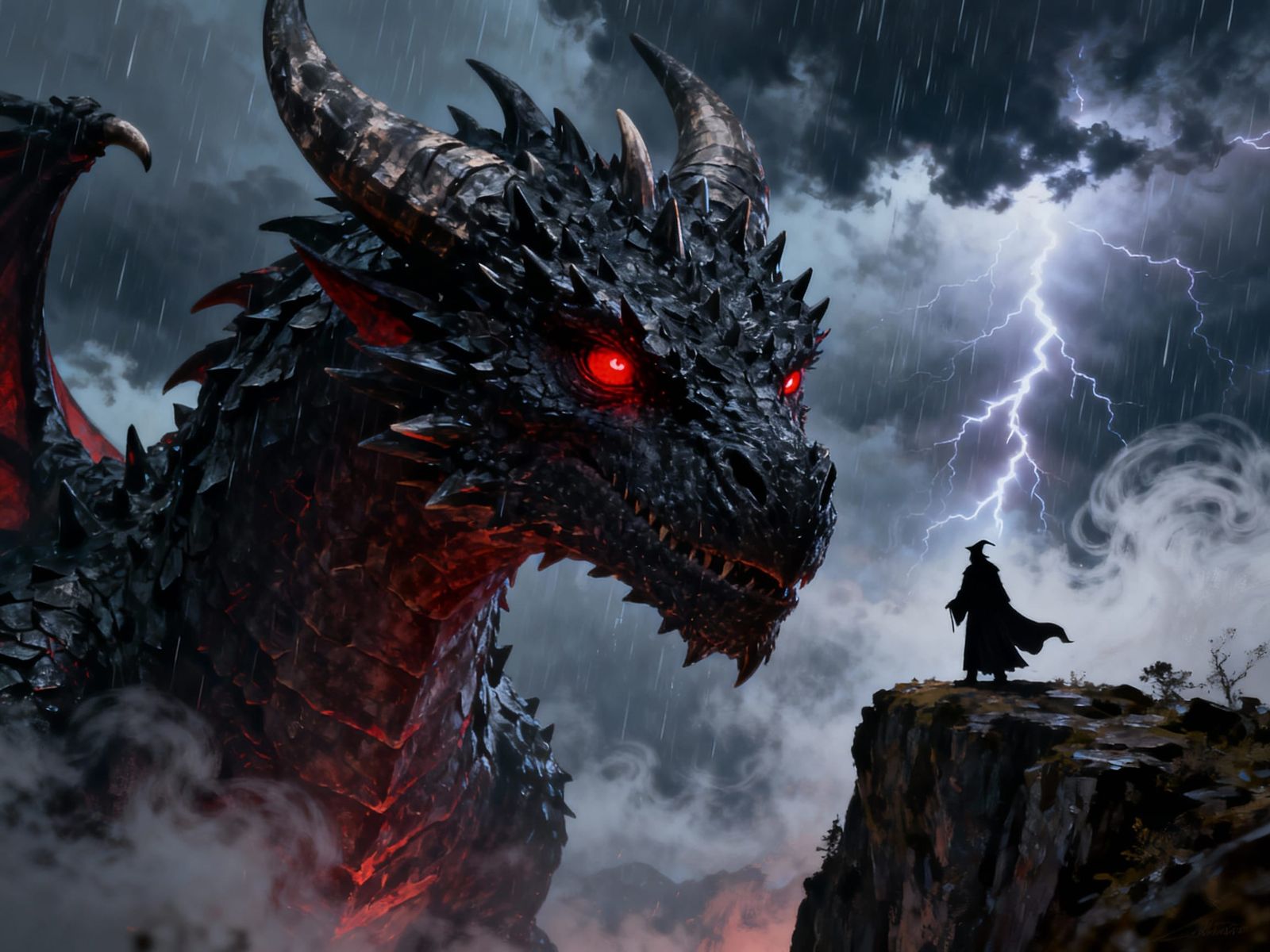 Colossal Dragon with Red Eyes in Stormy Fantasy Art