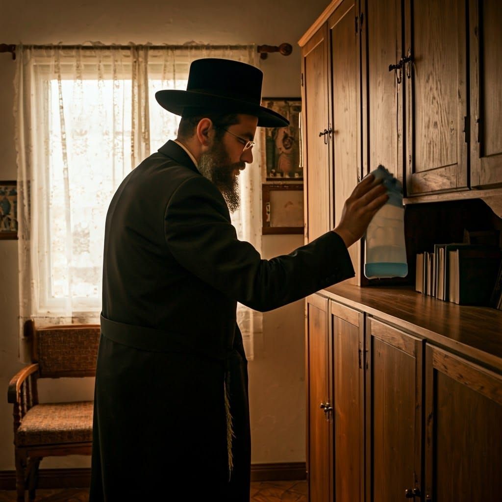 Devout Haredi Man Cleans Home with Care in a Cozy Atmosphere