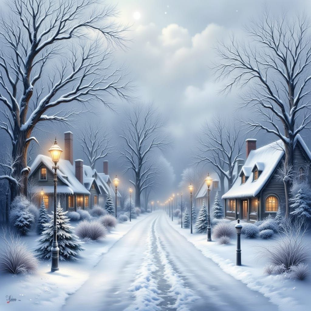 Quaint Village Winter Storm in Realistic Style