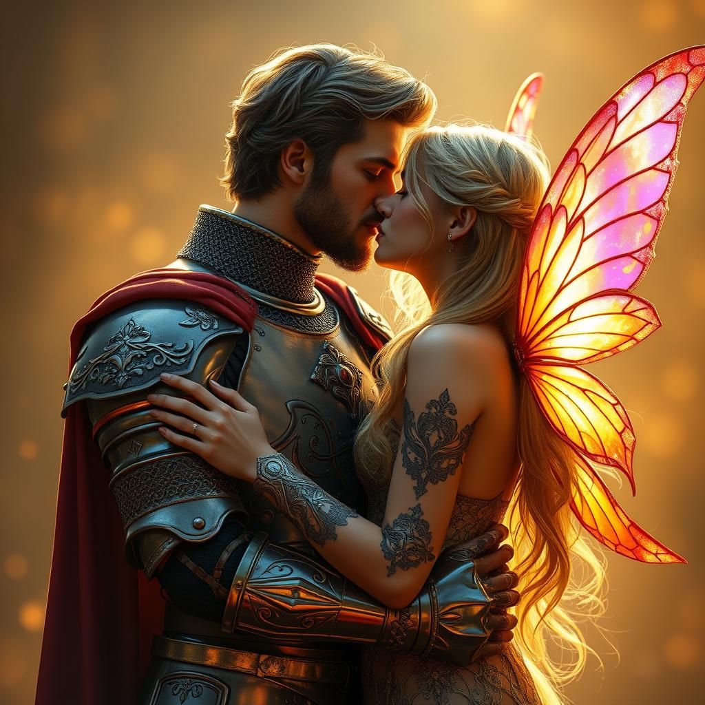 Knight and Fairy Kiss in Mystical Forest