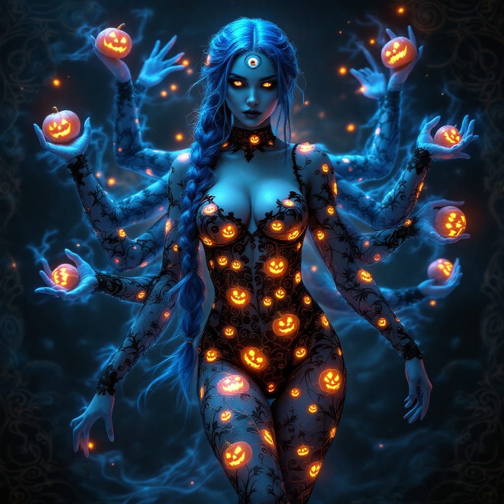 Blue-Haired Cyclops Sorceress in Halloween Pajamas