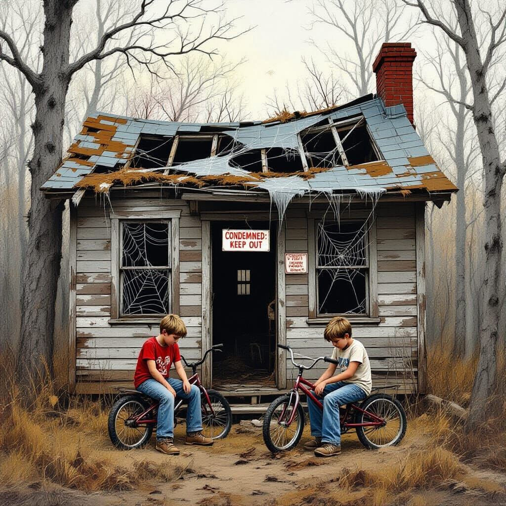 Sad Kids at Abandoned Shack in Woods