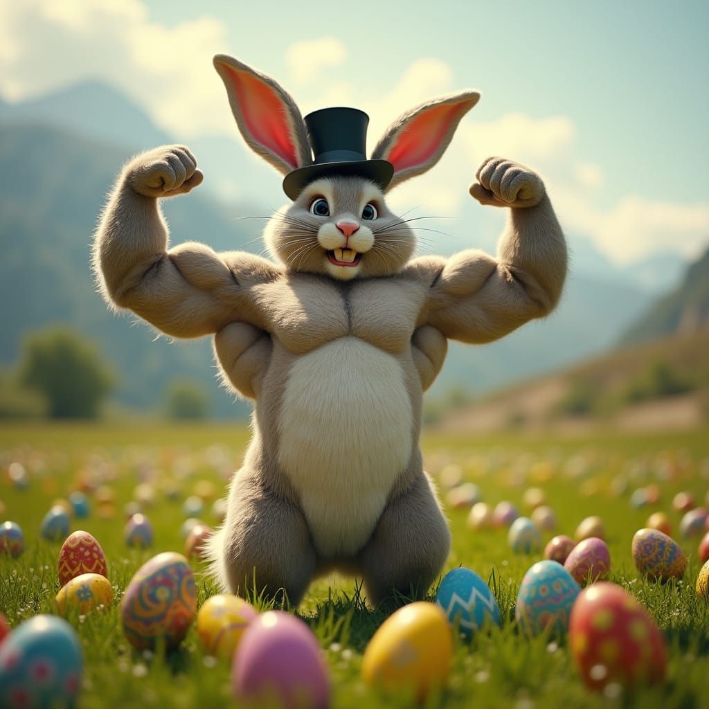 Beefcake Easter Bunny in a Vibrant Field of Easter Eggs