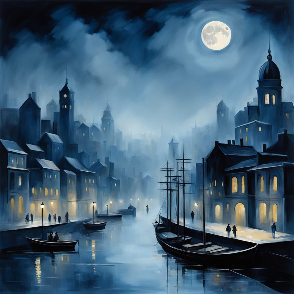 Misty Cityscape Nocturne in Tonalist Style