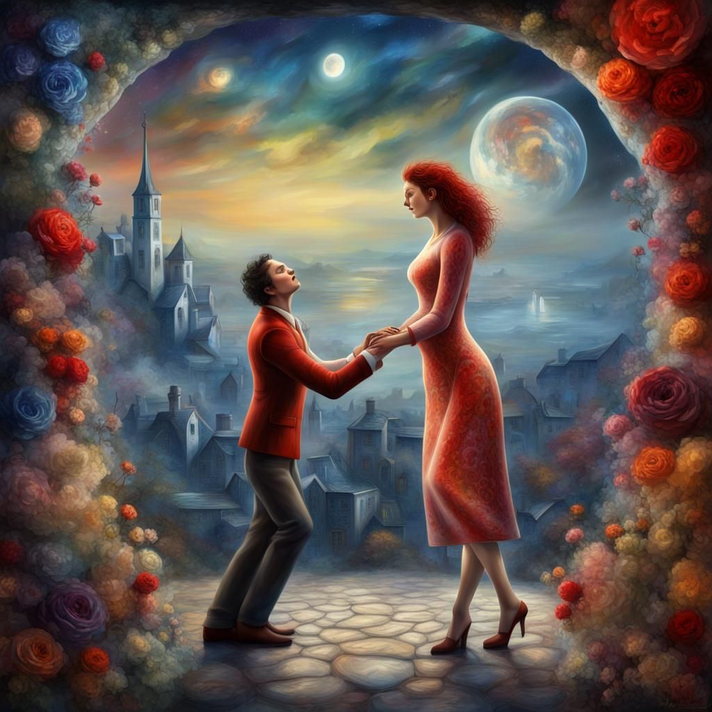 Passionate Embrace: 3D Art Inspired by Chagall
