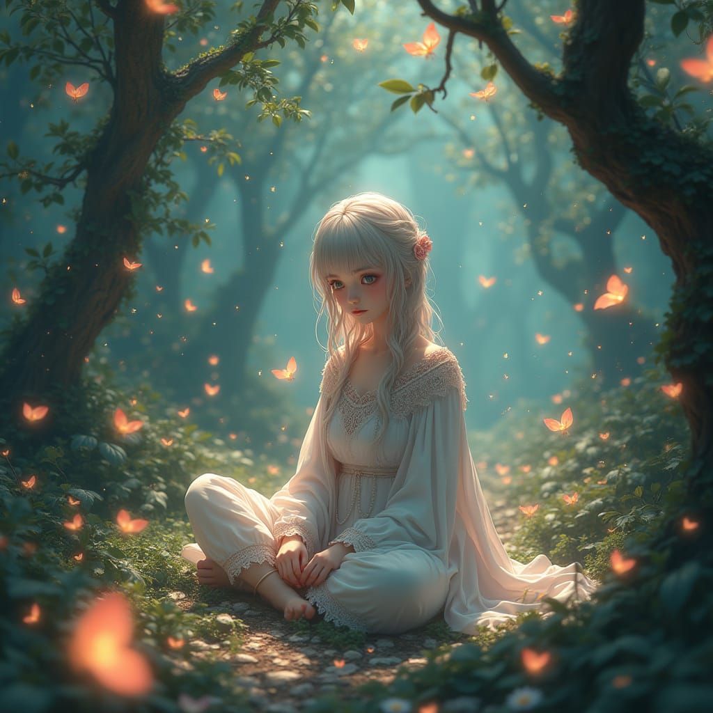 Fantastical Poet Surrounded by Blossoming Words in a Whimsic...