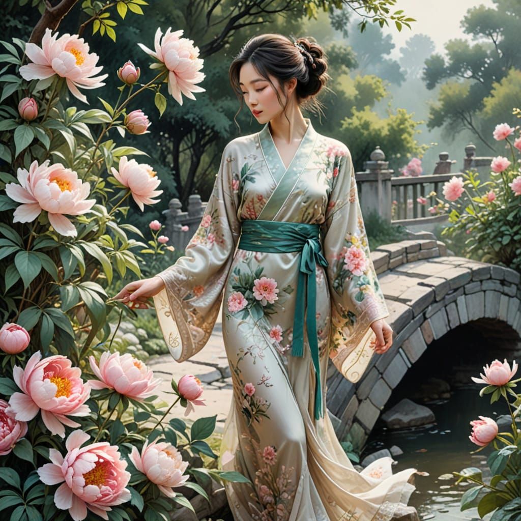 Ancient Chinese Garden Scene with Elegant Woman and Vibrant ...