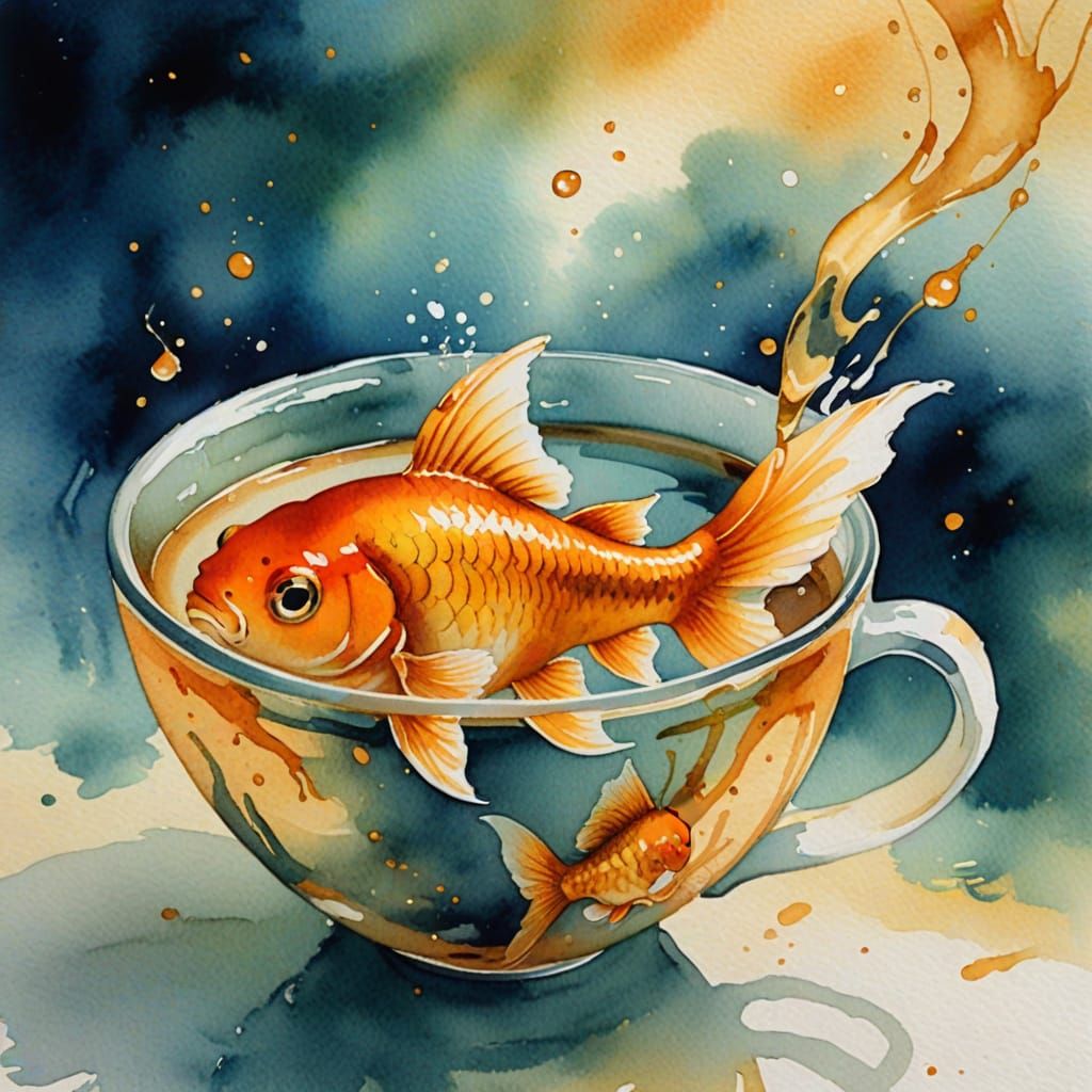 Whimsical Goldfish in Coffee Cup Watercolor