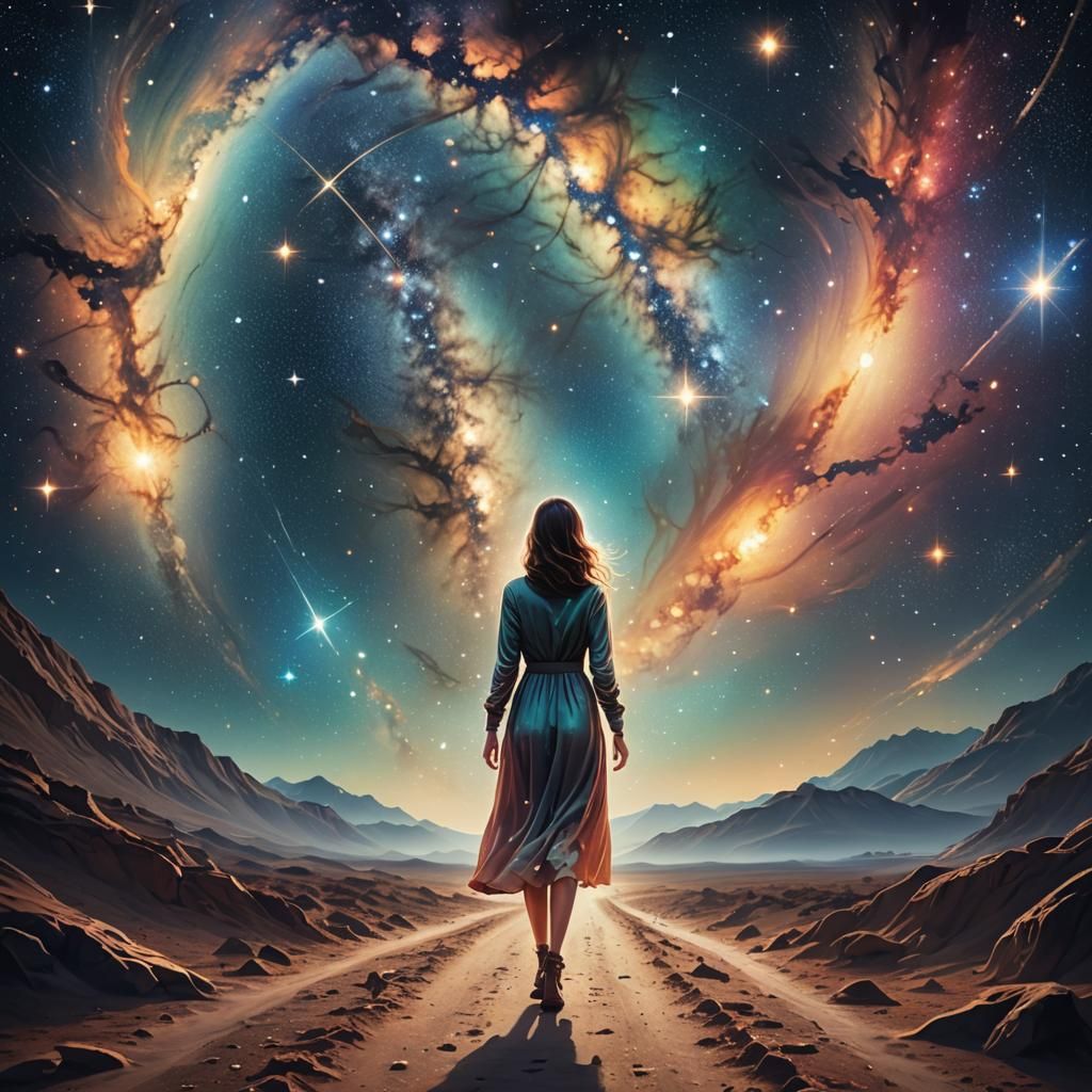Starry Pathway: Glowing Woman in Dreamy Space