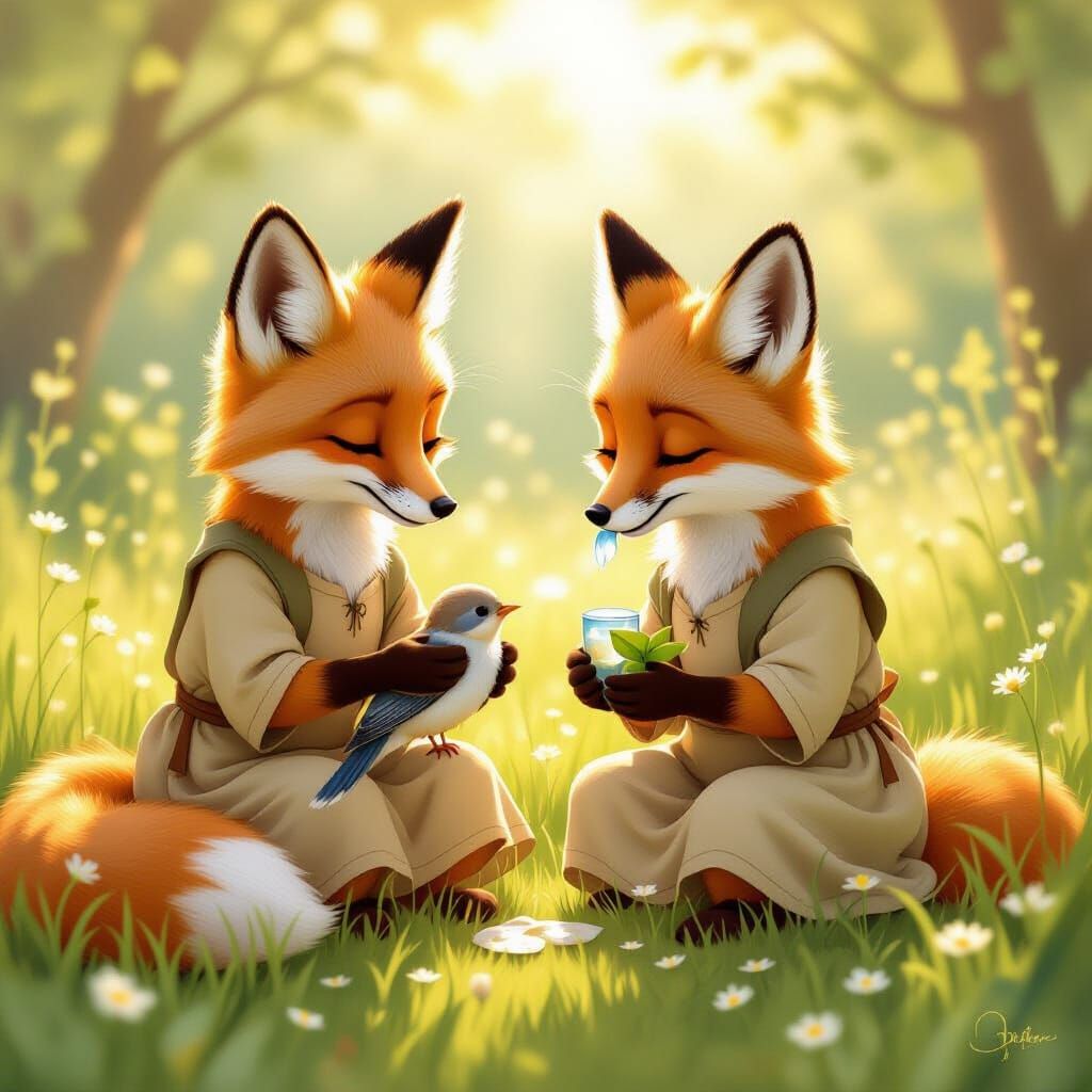 Kind Foxes Aid Injured Bird in Meadow