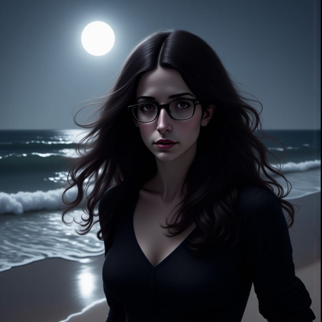 Woman Walking on Beach at Night Under Full Moon
