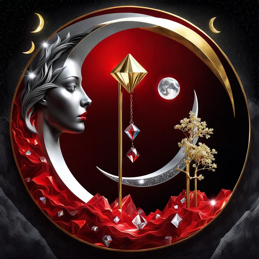 Surreal Crystal Moon Creation in Gold, Silver, and Red