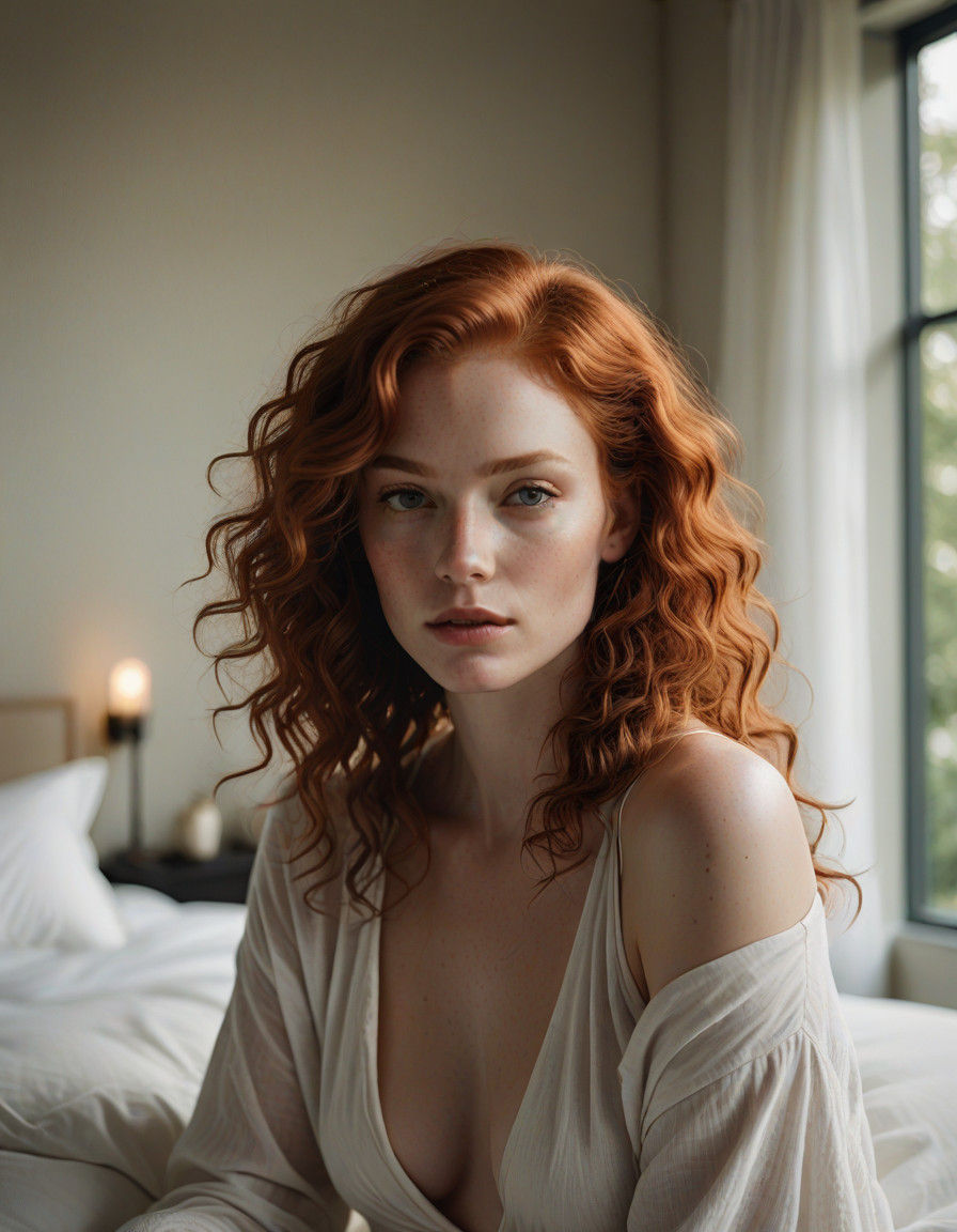 Elegant Redhead Woman in Serene White Oasis