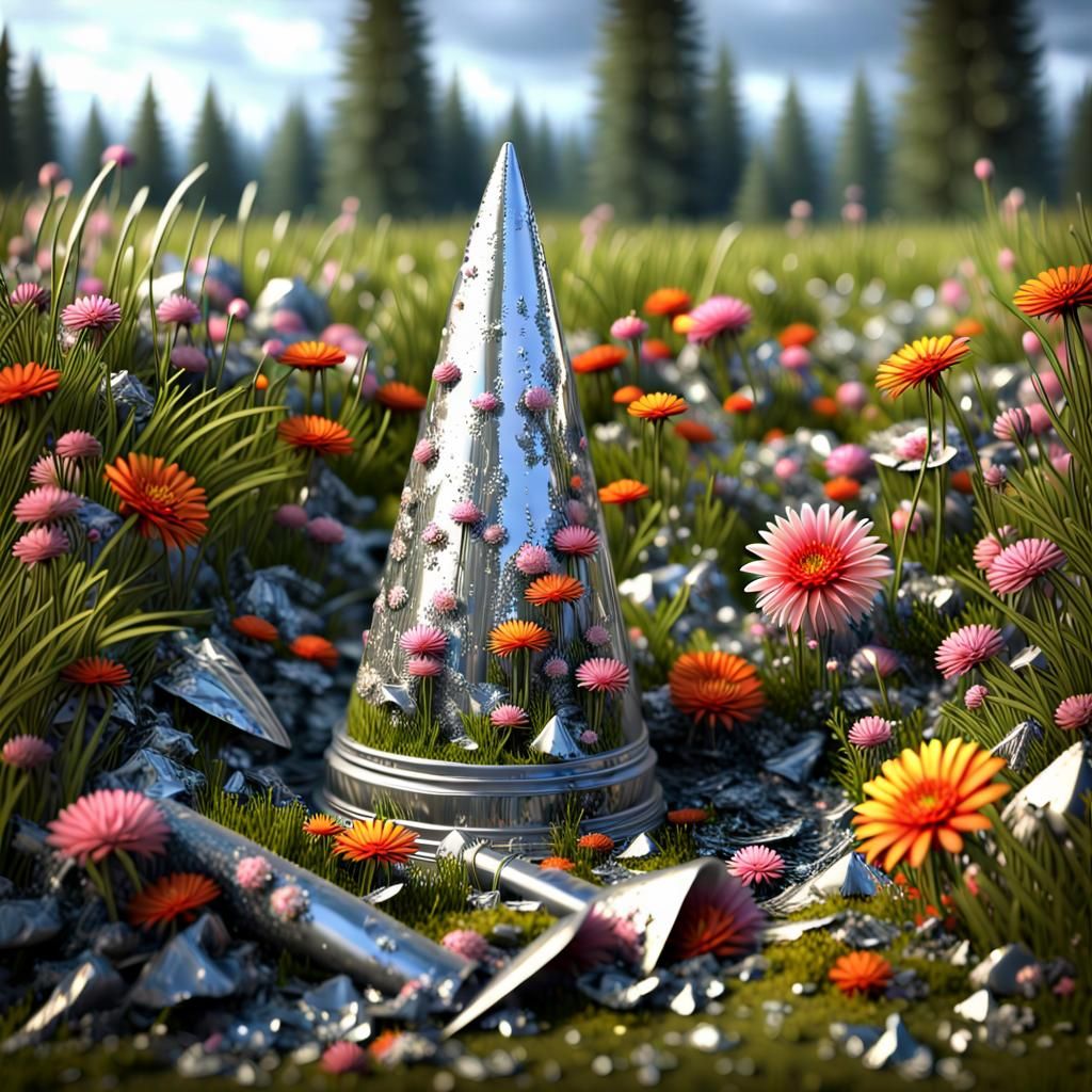 Crushed Traffic Cone in Plastic Flower Meadow