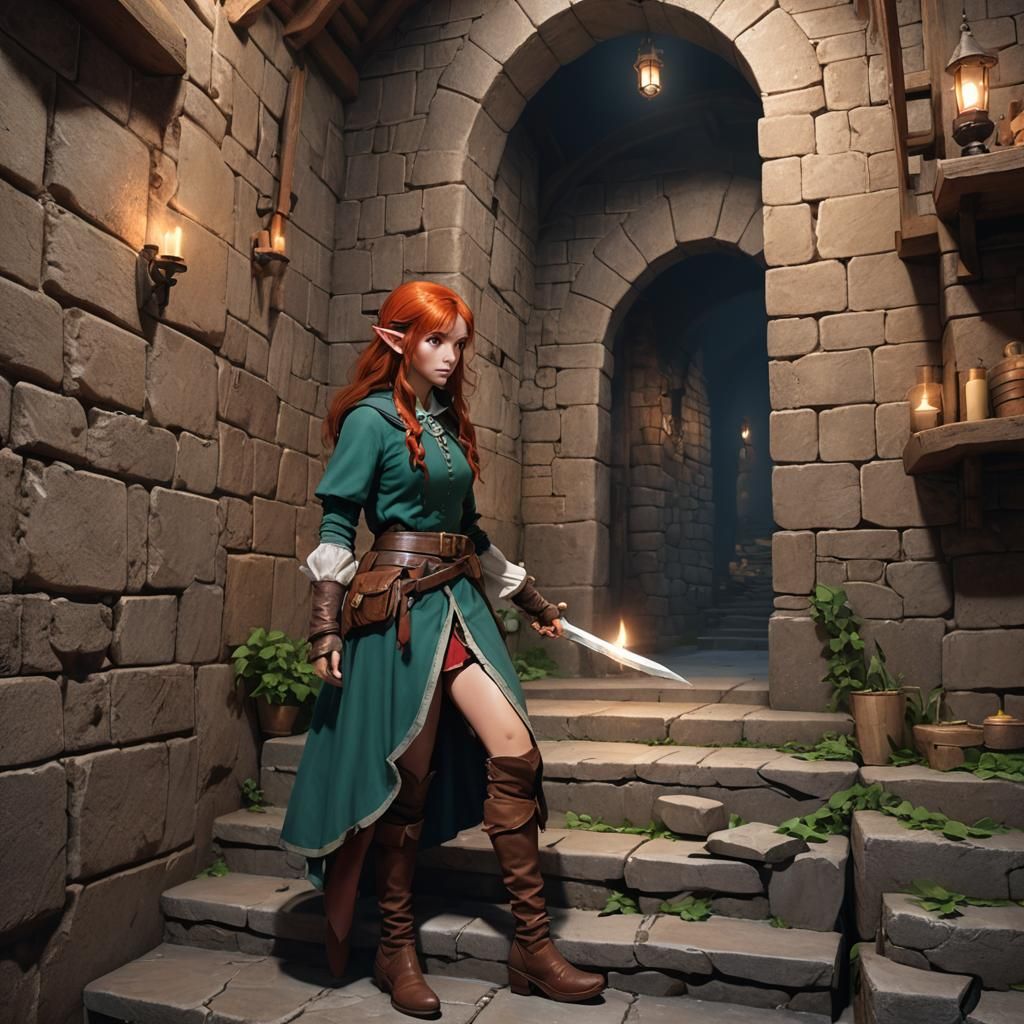 Elven Rogue's Secret Hideout in Anime Style