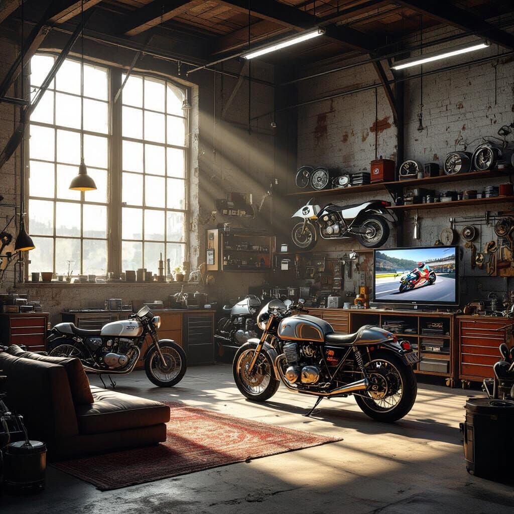 Epic Motorcycle Mancave in Dusty Warehouse