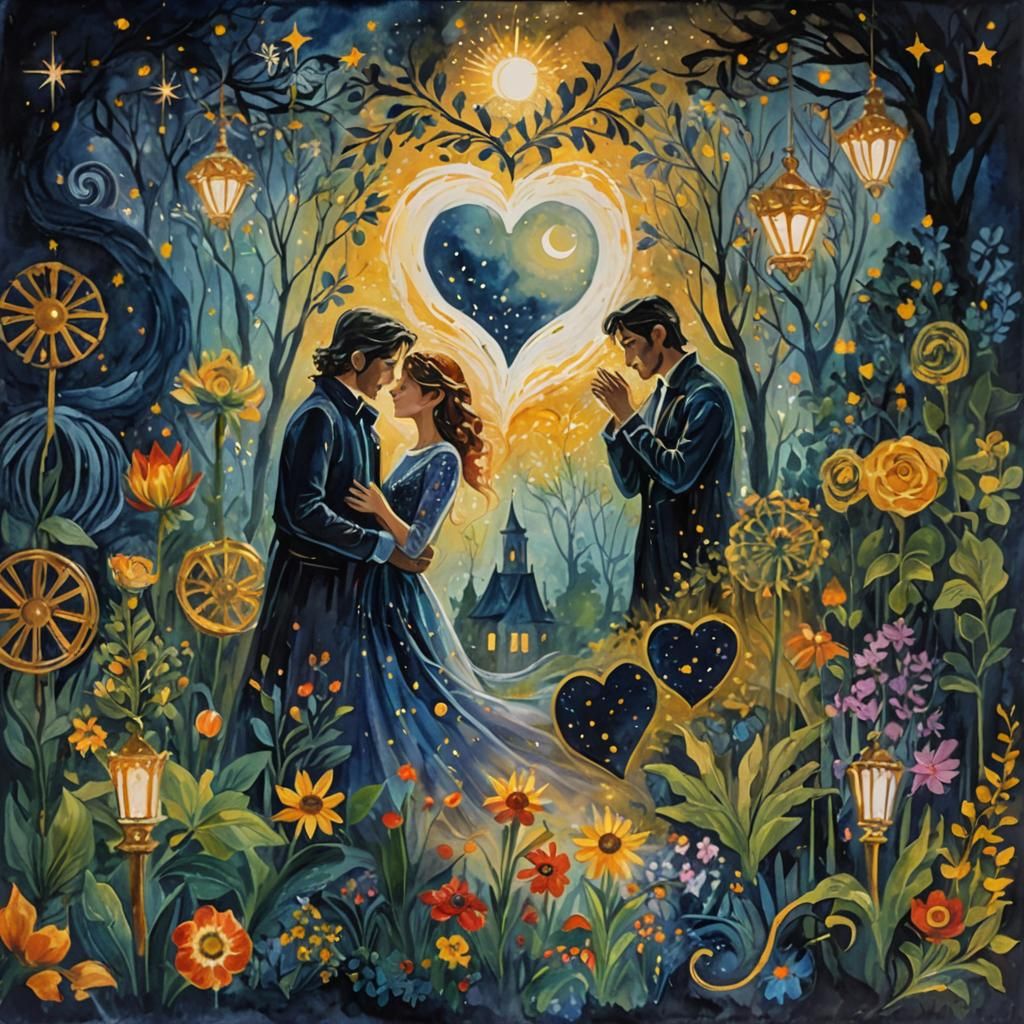 Romantic Couple in Moonlit Garden, Gouache Style