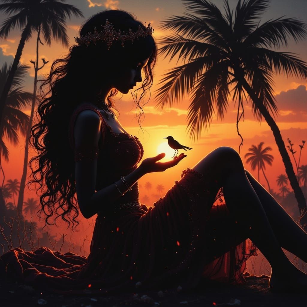 Silhouette of Arabian Princess in Water-Ink Style