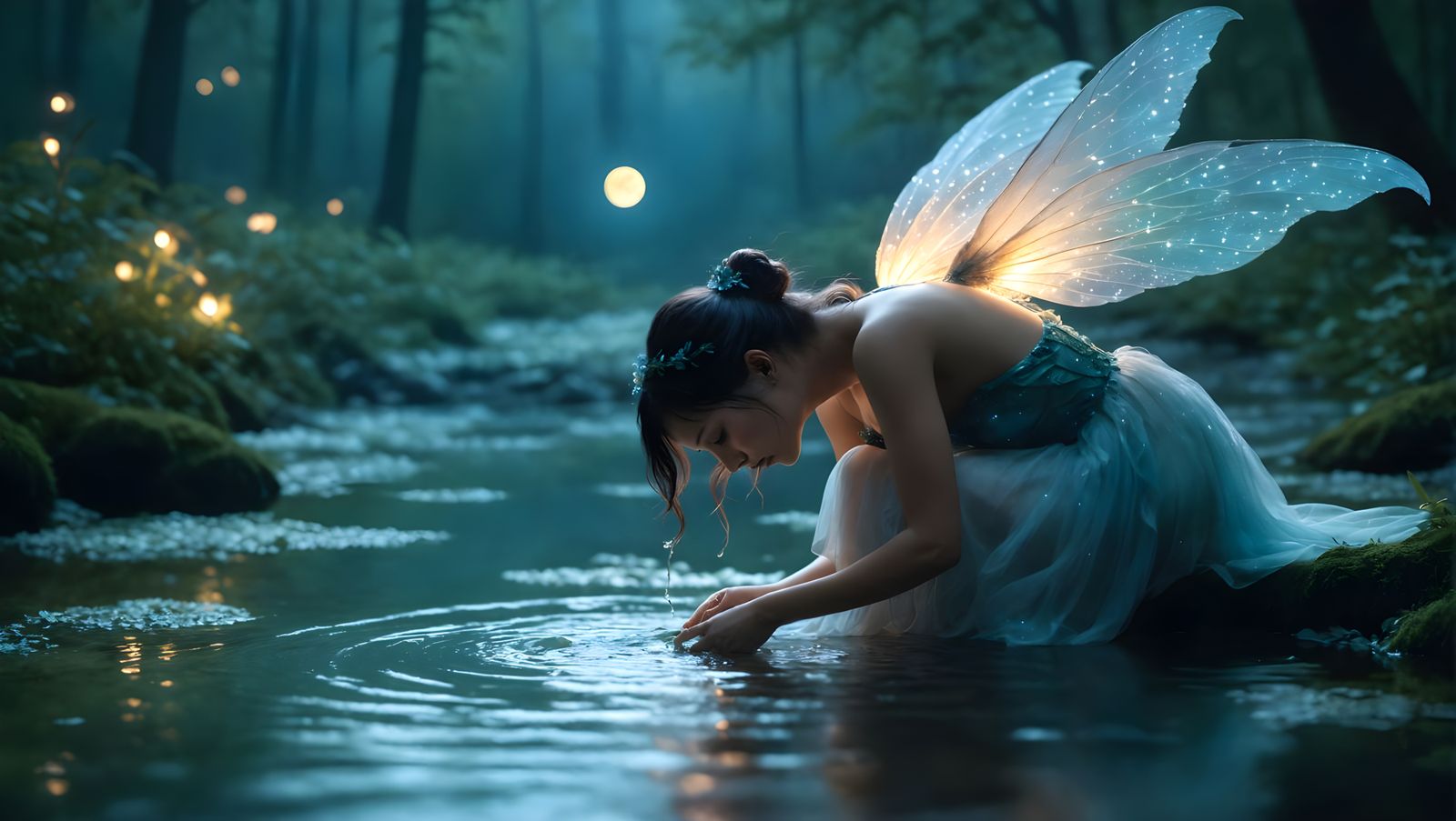 Bioluminescent Forest Nymphe Under Twilight Sky in HDR