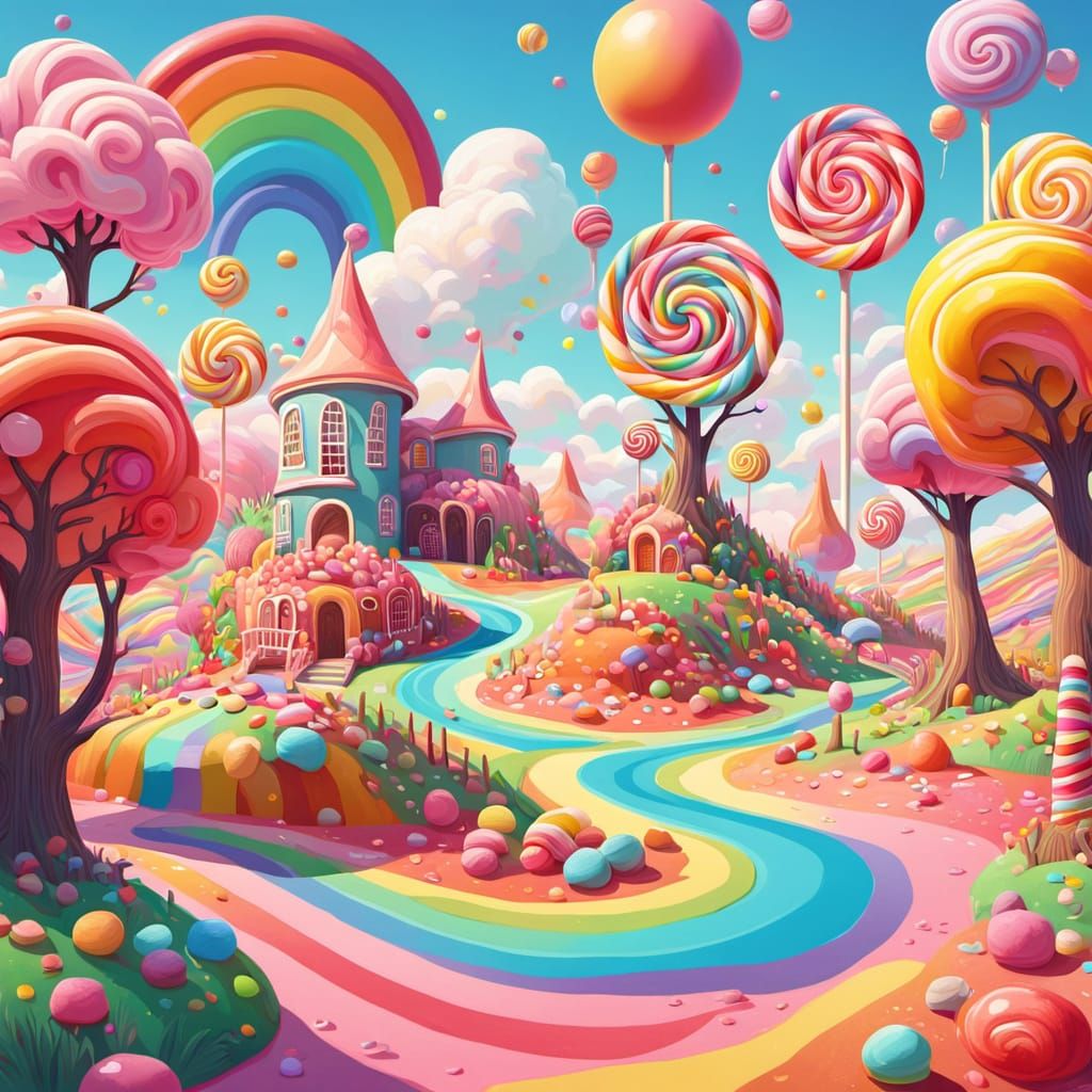 Whimsical Candy Playground in Vibrant Gouache Style